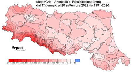 Anomalia di precipitazione al 28 settembre 2022