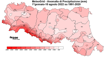 Anomalia di precipitazione in Emilia-Romagna dall'1 gennaio al 10 agosto 2022
