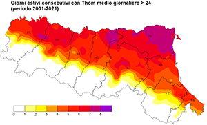 Numero di giorni consecutivi estivi in cui l’indice di Thom medio giornaliero supera la soglia di 24 (2001-2021)