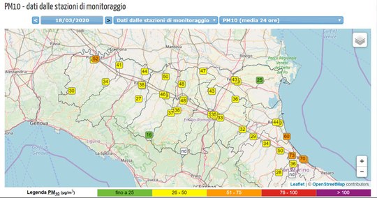 PM10 del 18 marzo 2020 in Emilia-Romagna
