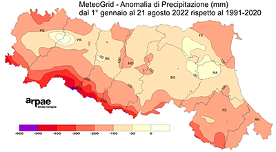 Anomalia di precipitazione dall'1 gennaio al 21 agosto 2022 in Emilia-Romagna