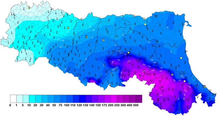 Precipitazioni registrate il 16 e 17 maggio 2023 in Emilia-Romagna