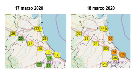 Confronto livelli di PM10 in Romagna nei giorni 17 e 18 marzo 2020