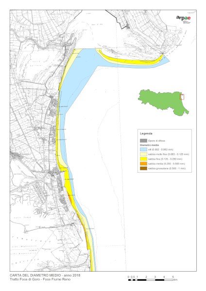 Mappa della distribuzione del diametro medio dei sedimenti al 2018